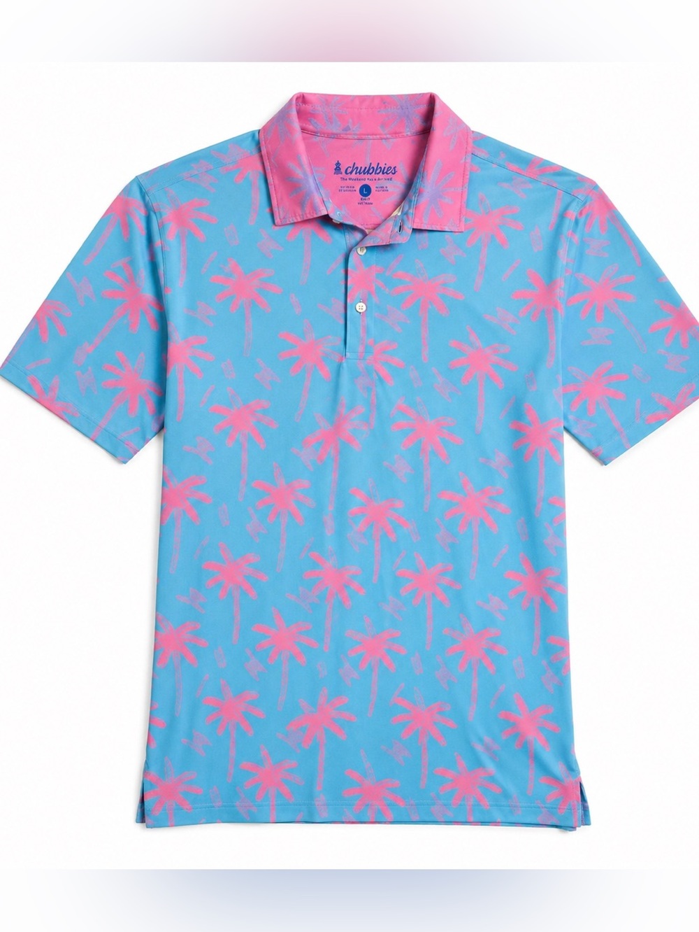 Chubbies Tropical Palm Polo Shirt Mens Large Pink Blue Resort Casual